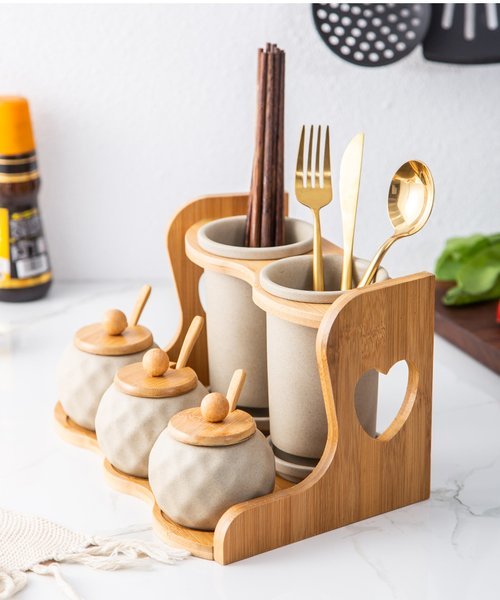 Bộ ống đũa gia vị sứ khung gỗ tiện dụng màu nâu