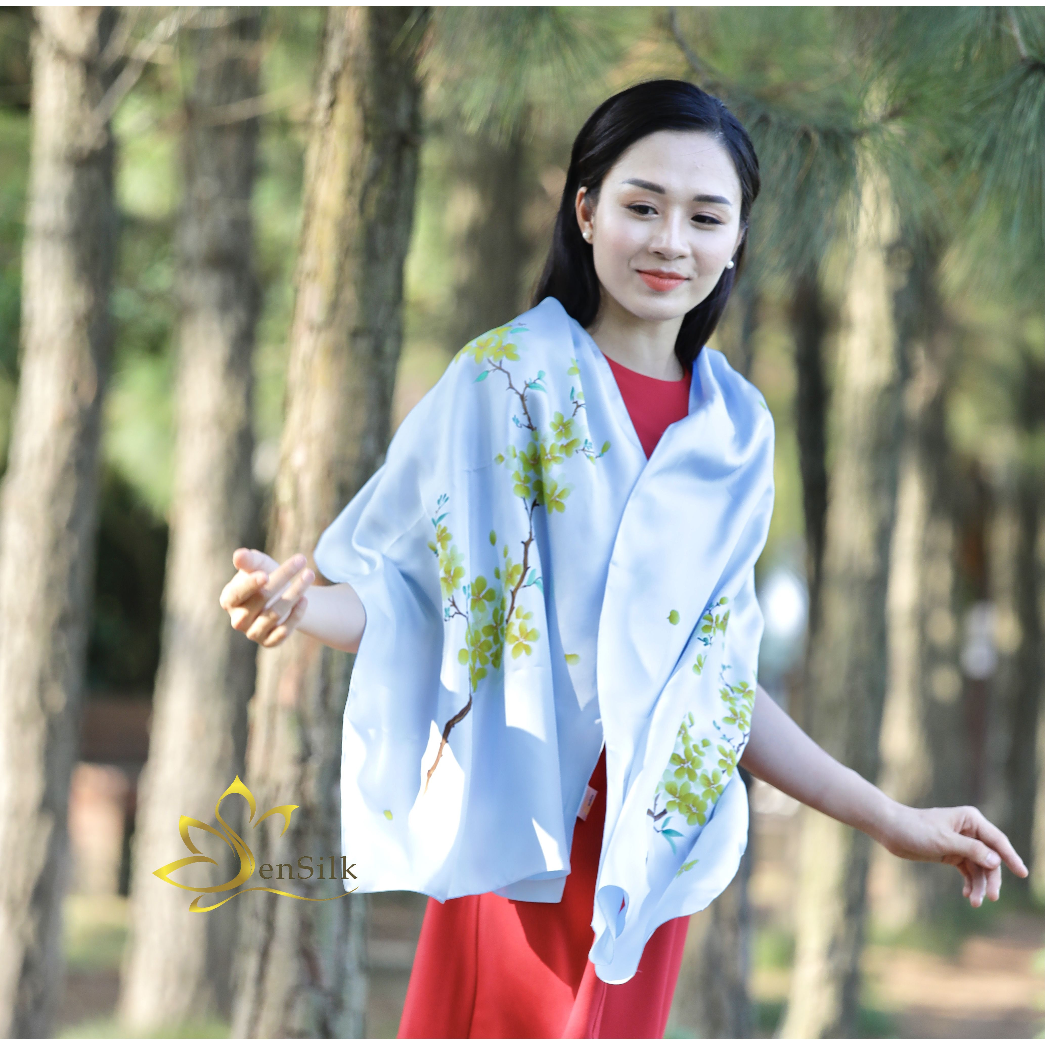 SenSilk Hand Drawing Silk Scarves - Tơ Lụa Bảo Lộc Vẽ Hoa Mai 180x55cm, Choàng Cổ Lụa Thời Trang Cho Phái Đẹp