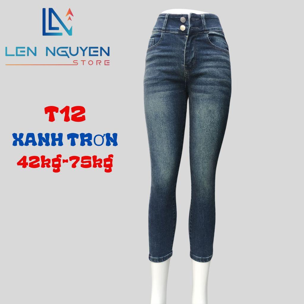 T12_Quần jean nữ, 9 tất, lưng cao, quần bò nữ dáng ôm, quần rin nữ có big size, cho 42kg đến 75kg,LEN NGUYEN STORE - Xanh Nhạt Rách