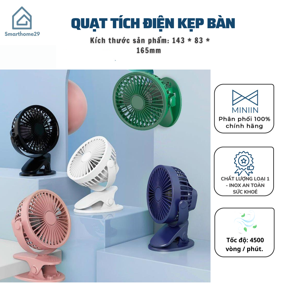 Quạt Mini Để Bàn- Quạt Tích Điện Kẹp Bàn, Cầm Tay, Xoay 720 Độ Tiện Ích - HÀNG CHÍNH HÃNG MINIIN