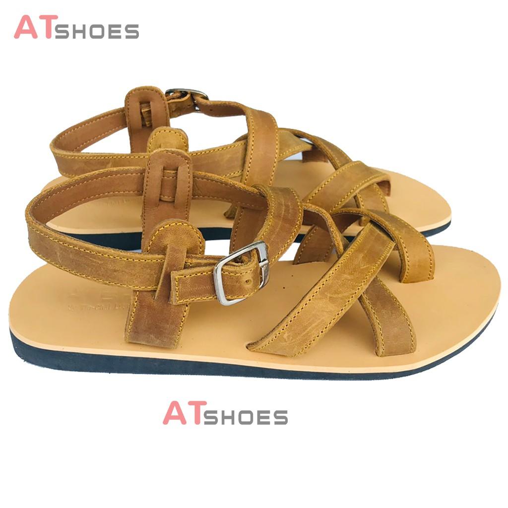 Dép Sandal Unisex - Da Bò Sandal xỏ ngón nam nữ chuẩn kiểu HQ Trẻ Trung Atshoes AT40 (Vàng)