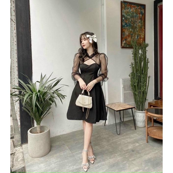 Đầm Đen Xoè Tay Phồng Váy Đen Dáng Xoè Hở Ngực Siu Xinhh