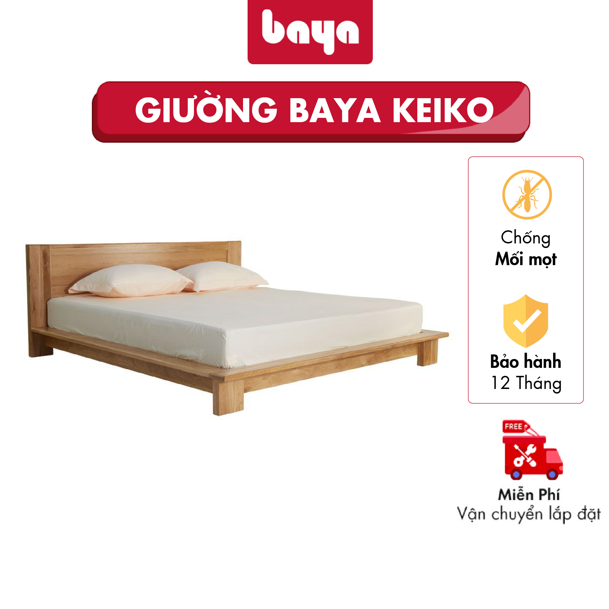 Giường Ngủ Đôi Màu Gỗ Sáng BAYA KEIKO Được Làm Từ Gỗ Sồi Và Gỗ MDF Dẻo Dai Bền Chắc, Thiết Kế Tinh Tế Trang Nhã Và Mộc Mạc 1008791