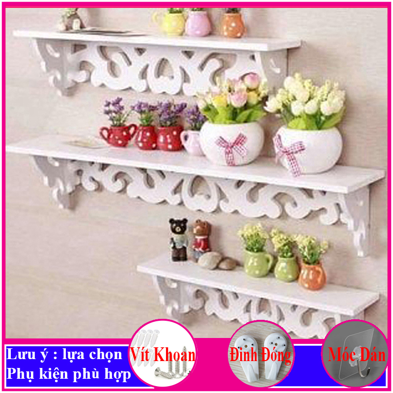 Bộ 3 Kệ treo tường trang trí không cần khoan, chất liệu gỗ Pitech cao cấp màu trắng - a14