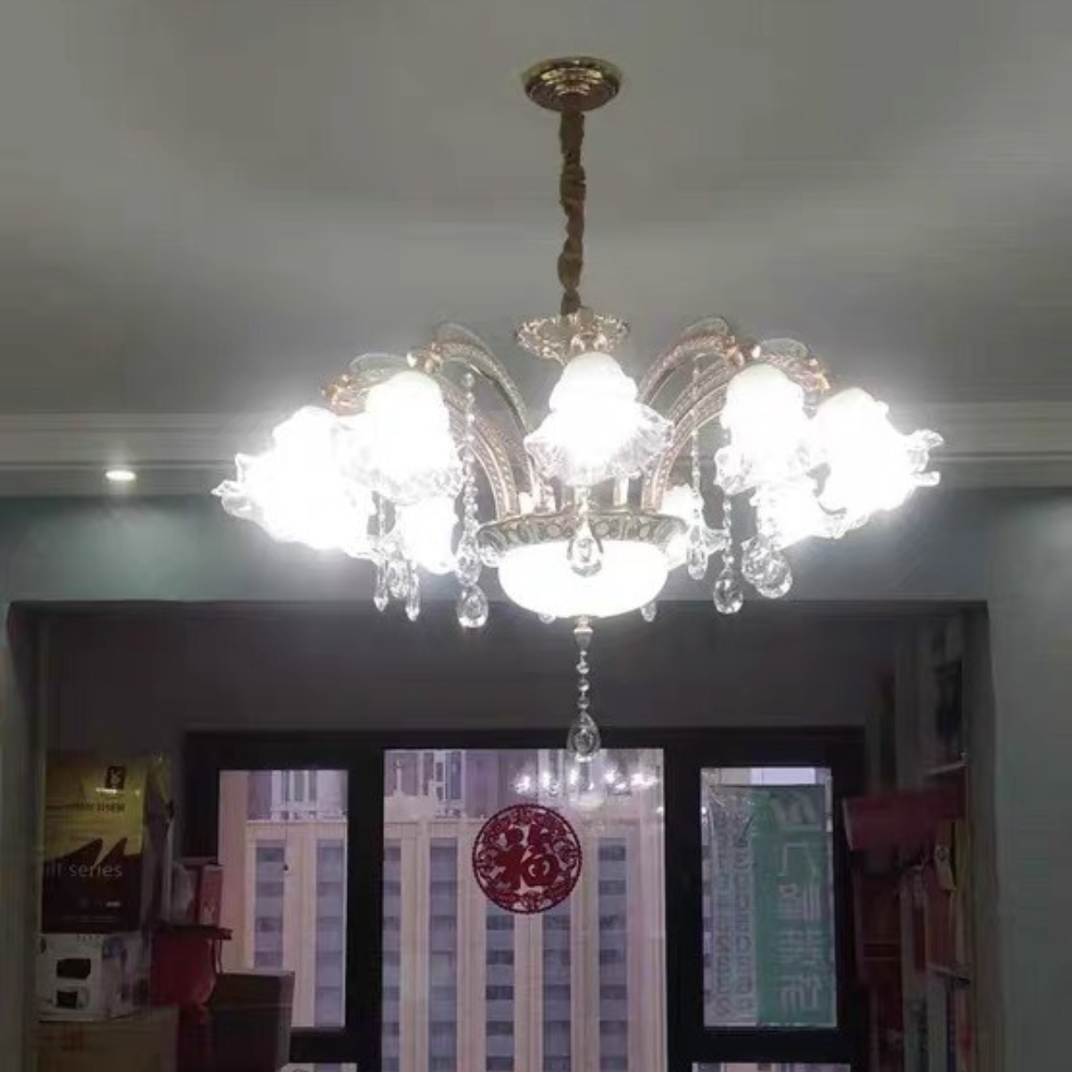 Đèn chùm trang trí Phòng khách - Nhà hàng, Đèn trần chao thủy tinh Cao Cấp, Khung hợp kim mạ vàng, Mã 8003
