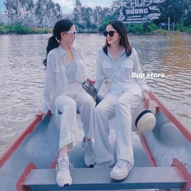 Set đồ jumsuit nữ, bộ quần suông ống rộng kèm áo sơ mi