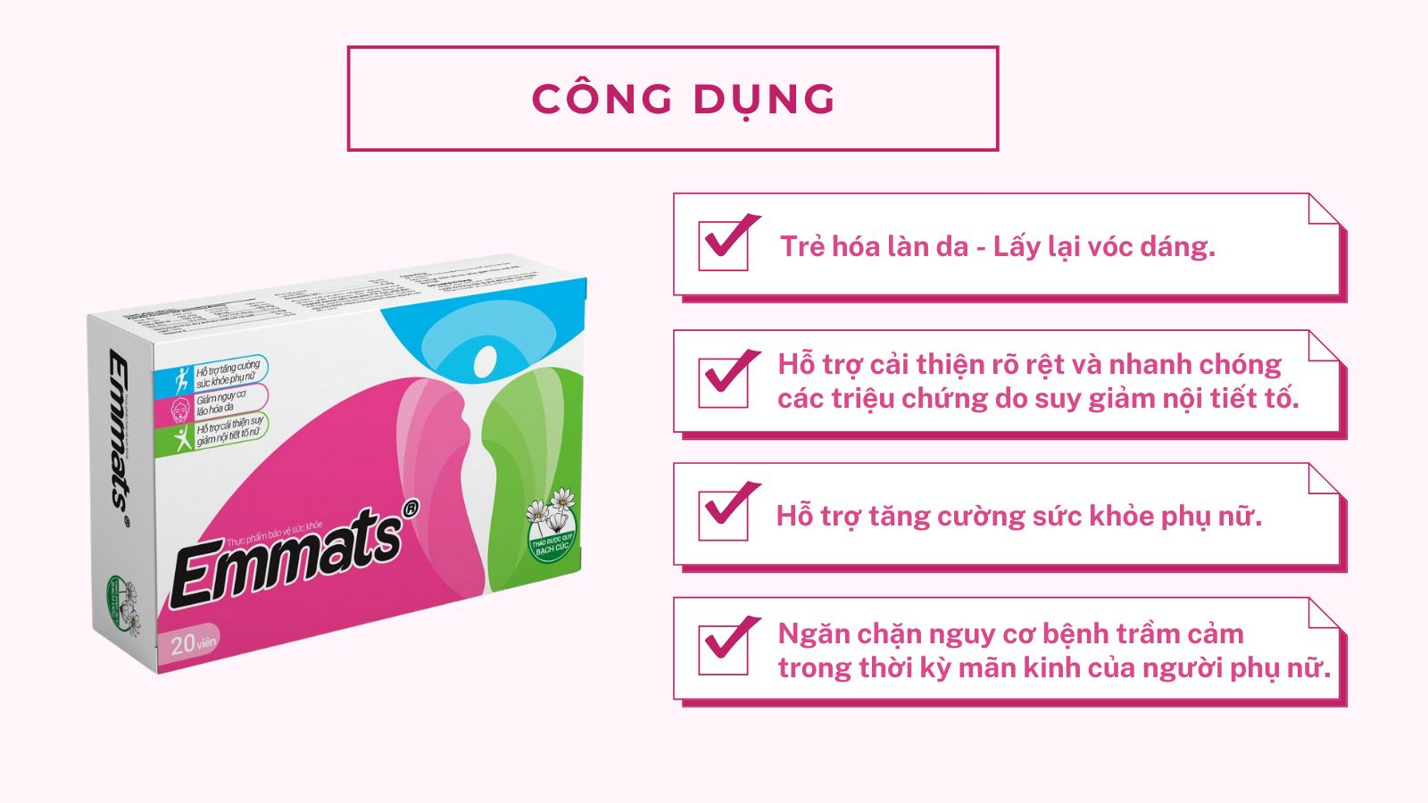 Viên uống Emmats hỗ trợ cải thiện suy giảm nội tiết tố nữ (Hộp 20 viên)