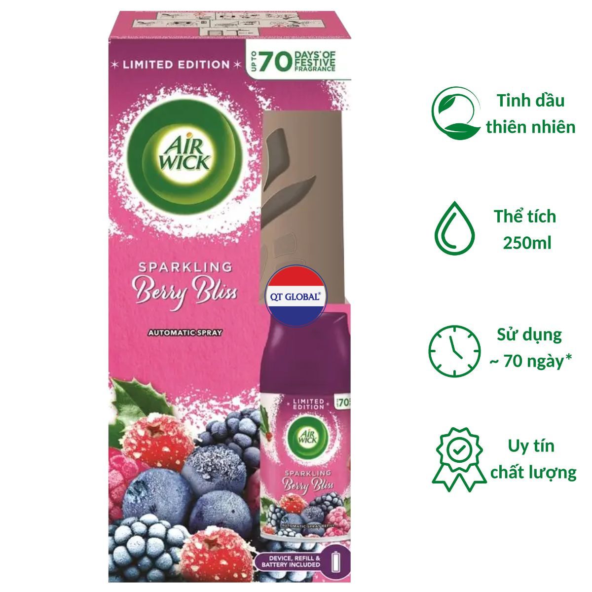 Bộ xịt thơm phòng tự động Air Wick Berry Bliss 250ml QT09425 - trái cây rừng