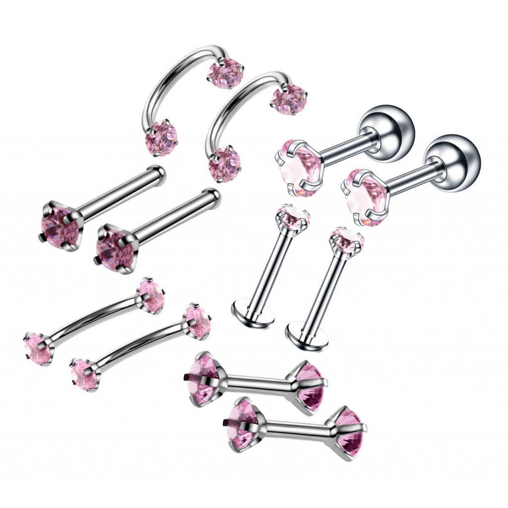 2-7pack 12pcs Stainless Steel Colored Zircon Lip Nose Nail Piercing Jewelry Pink