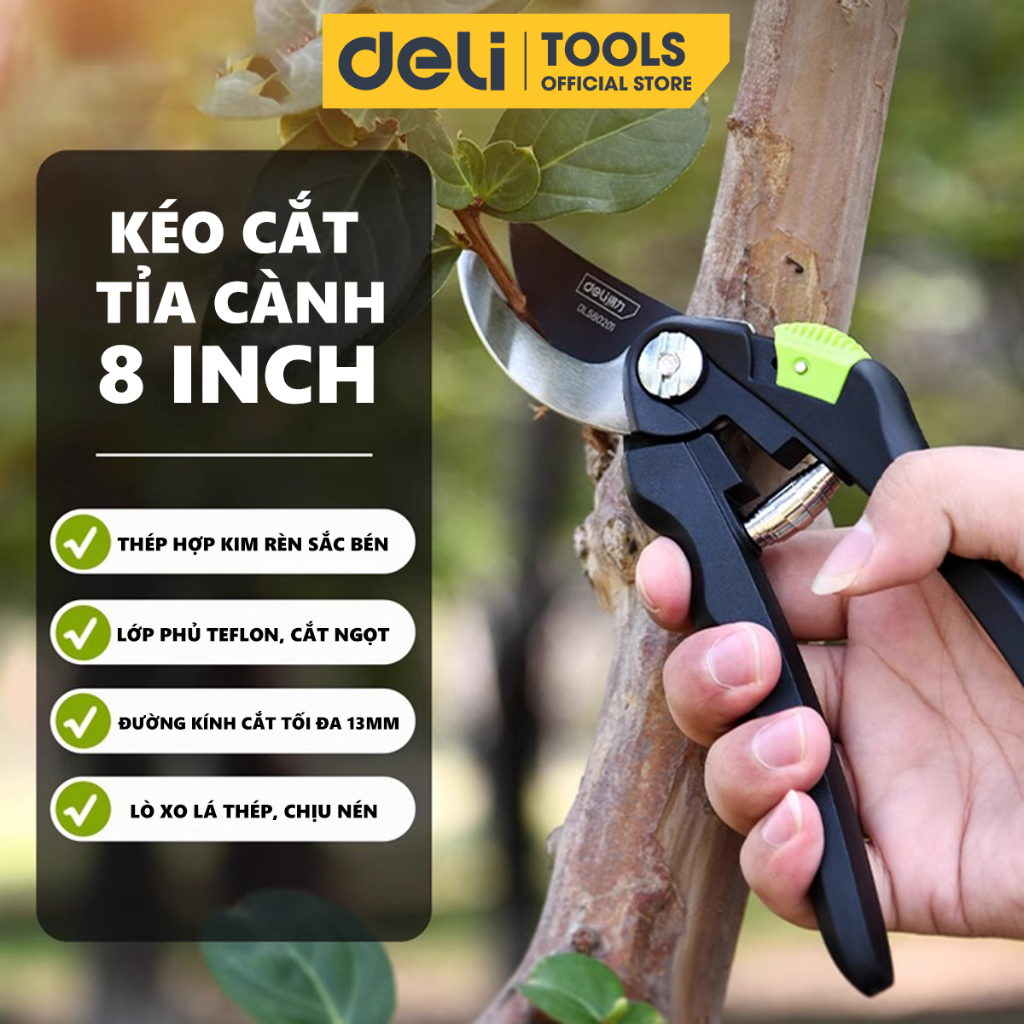 Kéo Cắt Tỉa Cành Cây Deli Chính Hãng 8inch - Lưỡi Thép Sắc Bén, Siêu Bền, Tay Cầm Đệm Cao Su An Toàn, Chắc Chắn DL580201