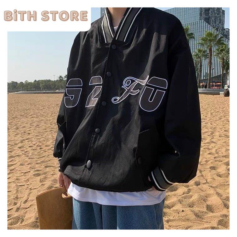 Áo khoác dù bomber cúc bấm 2 lớp in logo E092 khoác ngoài mùa hè phong cách Hàn Quốc
