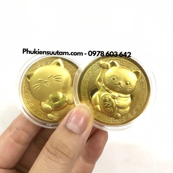 Đồng Xu Hình Con Mèo Thần Tài CUTE Tặng Túi Gấm Lộc, đường kính: 4cm, màu vàng - SP005915