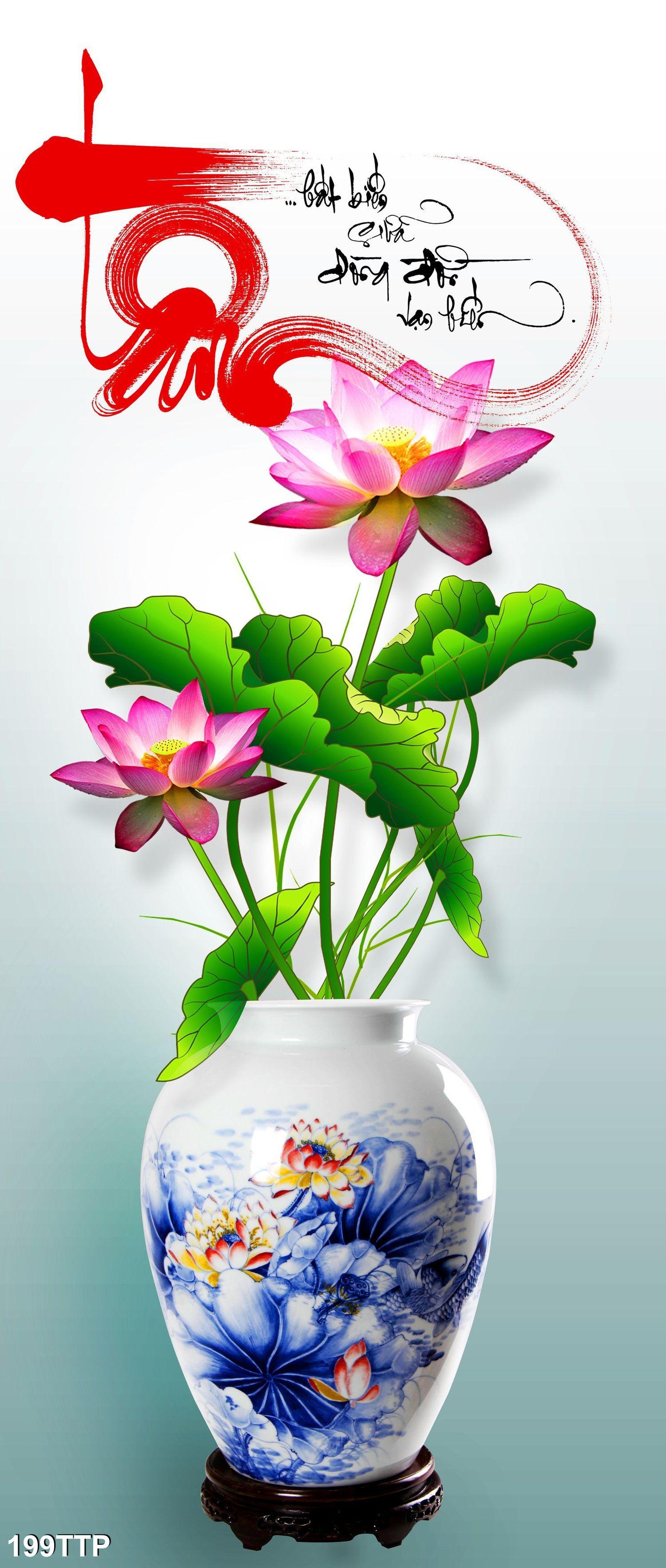 TRANH DÁN TƯỜNG 3D LỌ HOA SEN ĐẸP 199TP - TRANH THƯ PHÁP CHỮ TÂM - YAN SHOP