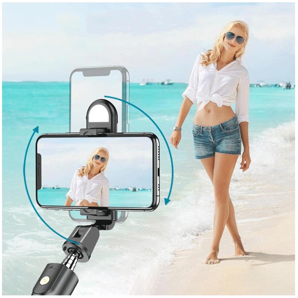Wireless Bluetooth Selfie Stick w/Fill Light Tripod Remote Control Black