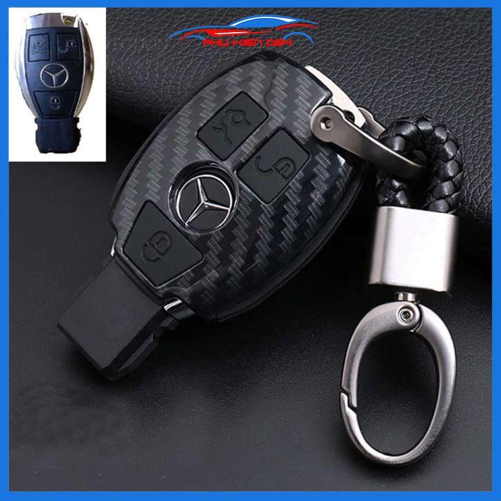 Ốp vỏ bọc chìa khóa xe Mercedes-BENZ sợi nhựa cacbon kèm móc treo Inox