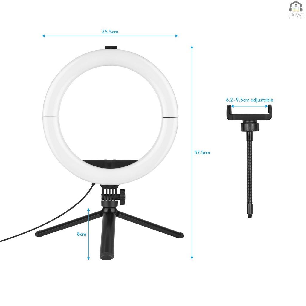 Vòng đèn LED 128 bóng 10 inch 3000K-6500K 10 cấp độ sáng tùy chỉnh có thể gấp gọn kèm giá đỡ điện thoại