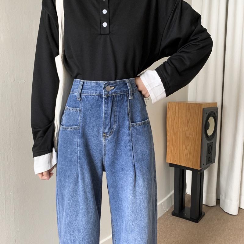 Quần Jeans Ống Suông Rộng Cạp Cao Nhiều Túi Hàng Quảng Châu Chất Dày Đẹp