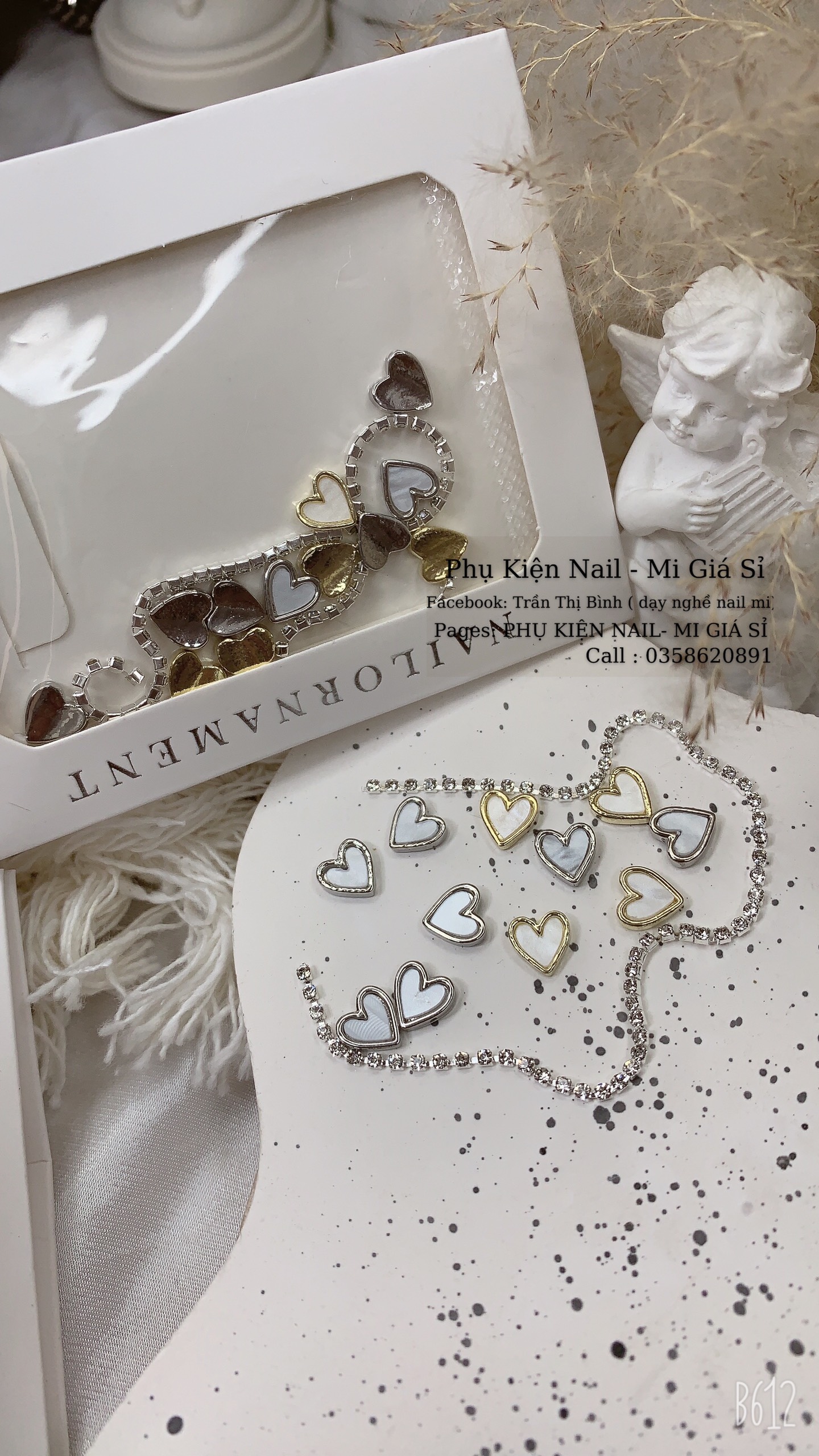 Set phụ kiện charm tim mix dây xích trang trí móng tay làm nail