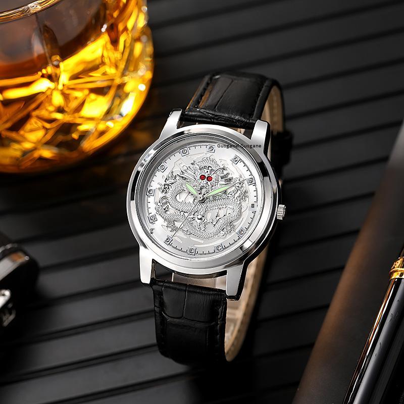 Phong cách mới nhất Rồng Trung Quốc đồng hồ nam doanh nhân giản dị phù điêu ba chiều cá tính dây thép phát sáng dây đeo đồng hồ thạch anh phong cách mới