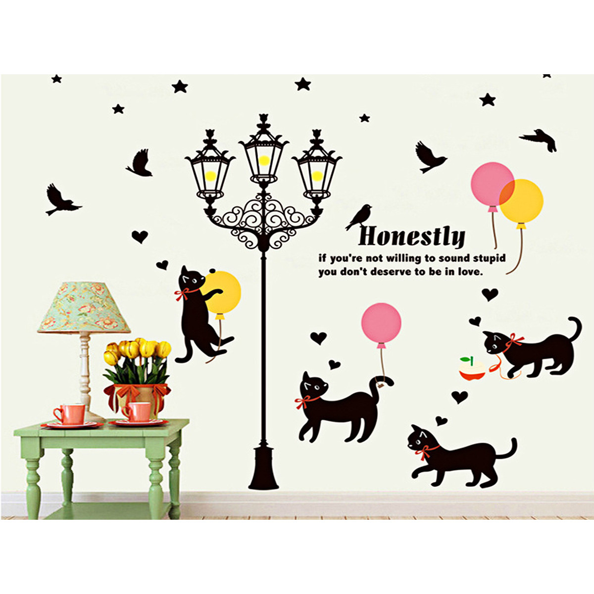Decal dán tường cột đèn và đàn mèo đen