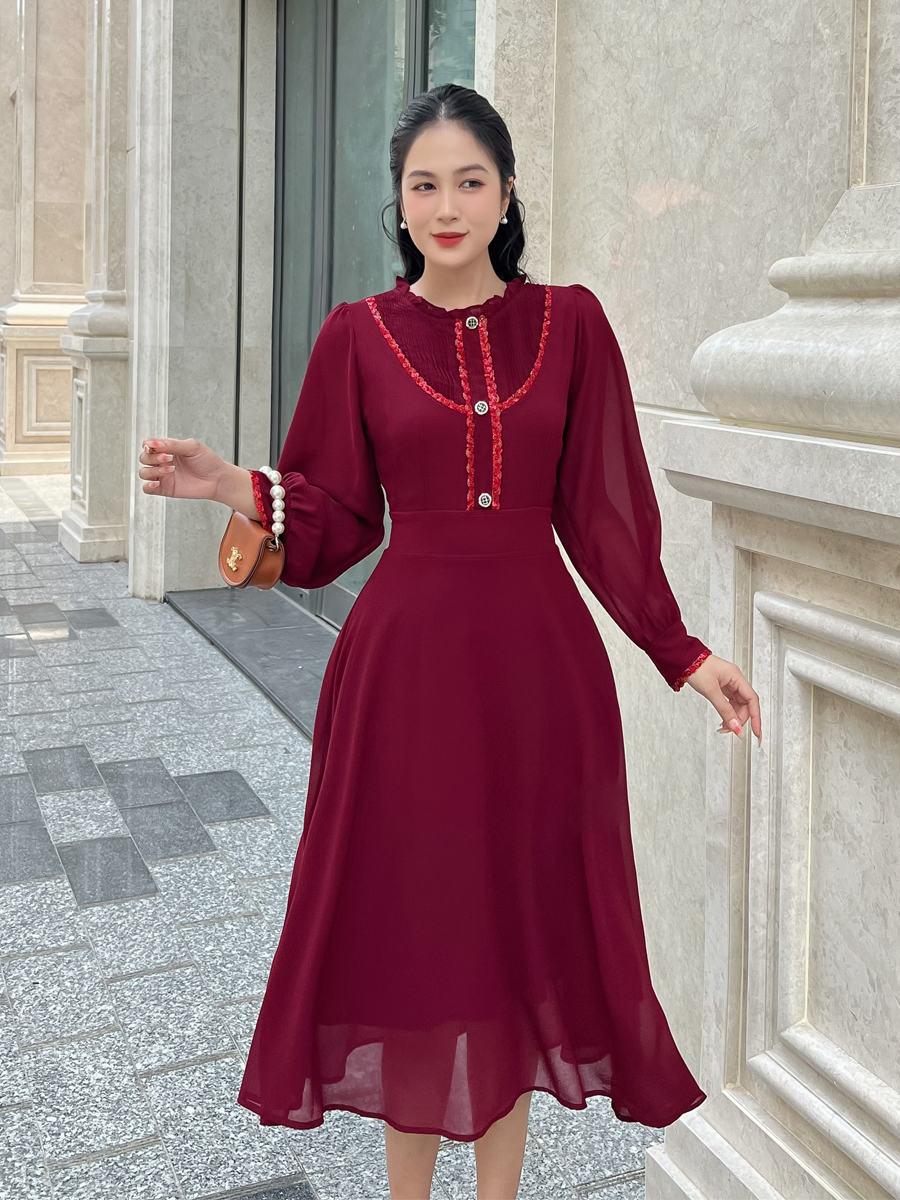 [HCM] Đầm vol tay phồng phối dây kim sa dễ thương MS113 - KHÁNH LINH STYLE