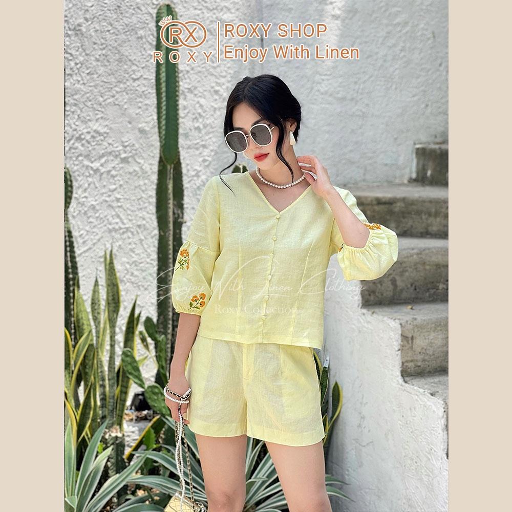Set Bộ Đồ Nữ Linen Quần Đùi Áo Cổ Tim Tay Dài Thêu Hoa