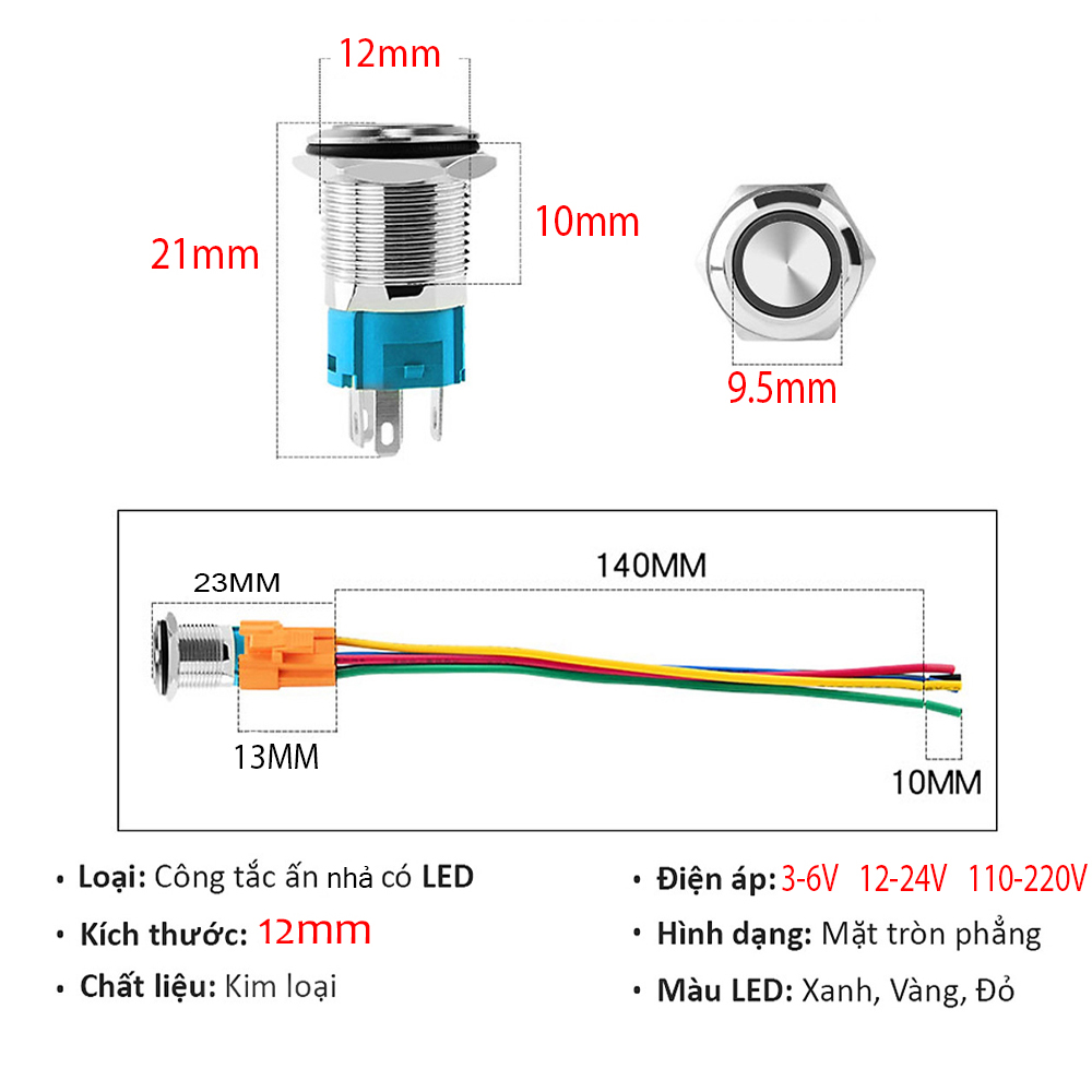 Nút nhấn Reset, Công tắc nhấn tự nhả 12mm (12-24V 110-220V) Có đèn LED, Vỏ INOX chống thấm nước