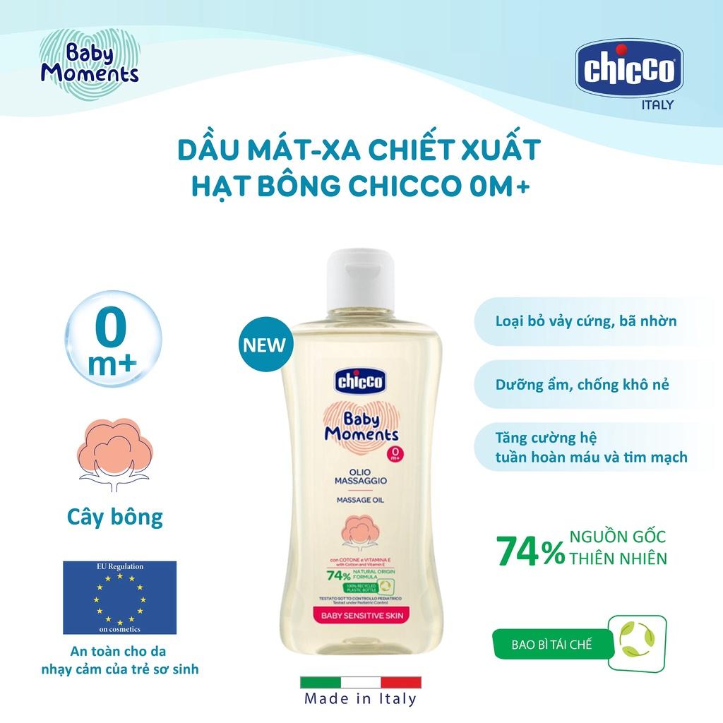 Combo Phấn rôm tinh bột Gạo 150gr Chicco &amp; Dầu mát-xa chiết xuất hạt bông 0M+ Chicco 200ml (mới)