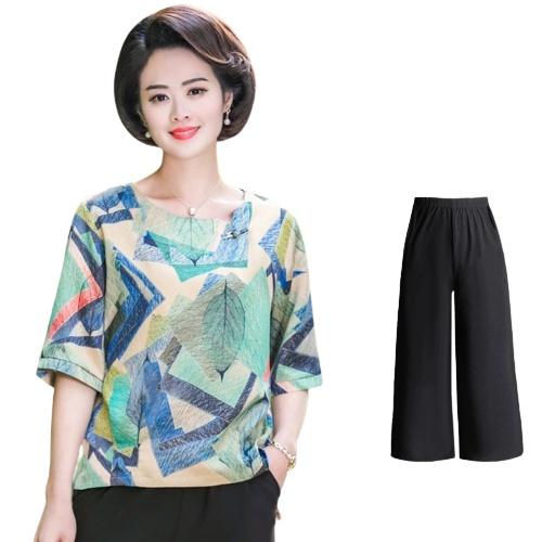 Bộ Trung Niên Mặc Ở Nhà Cho Mẹ, Set Đồ Trung Niên Áo Ngắn Quần Dài Cho Mẹ U50+ Thoải Mái Trẻ Trung