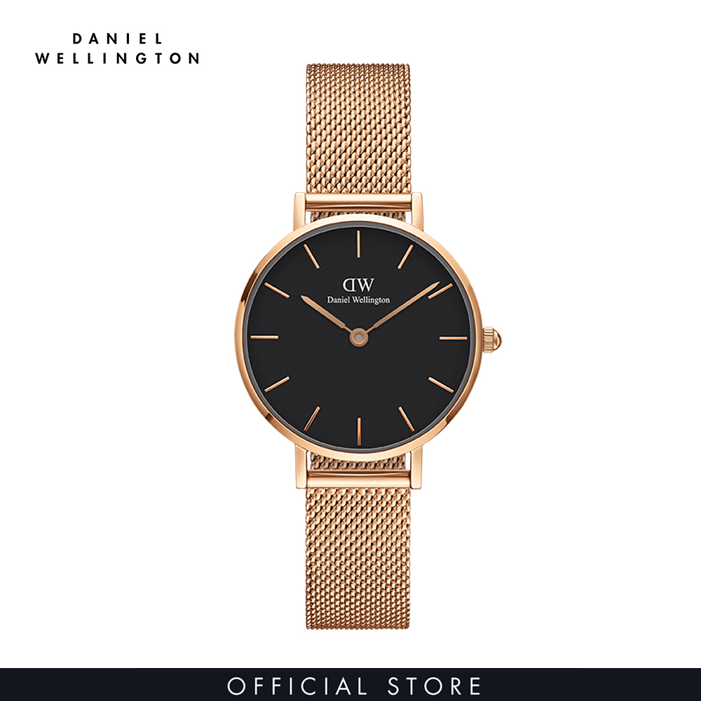 Đồng hồ Nữ Daniel Wellington dây lưới - Petite Melrose mặt đen - vỏ