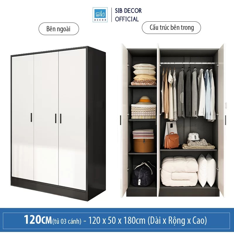 Tủ Quần Áo Đơn Giản Màu Trắng Phối Đen Thương Hiệu Sib Decor Ta18 - 120 X 50 X 180Cm