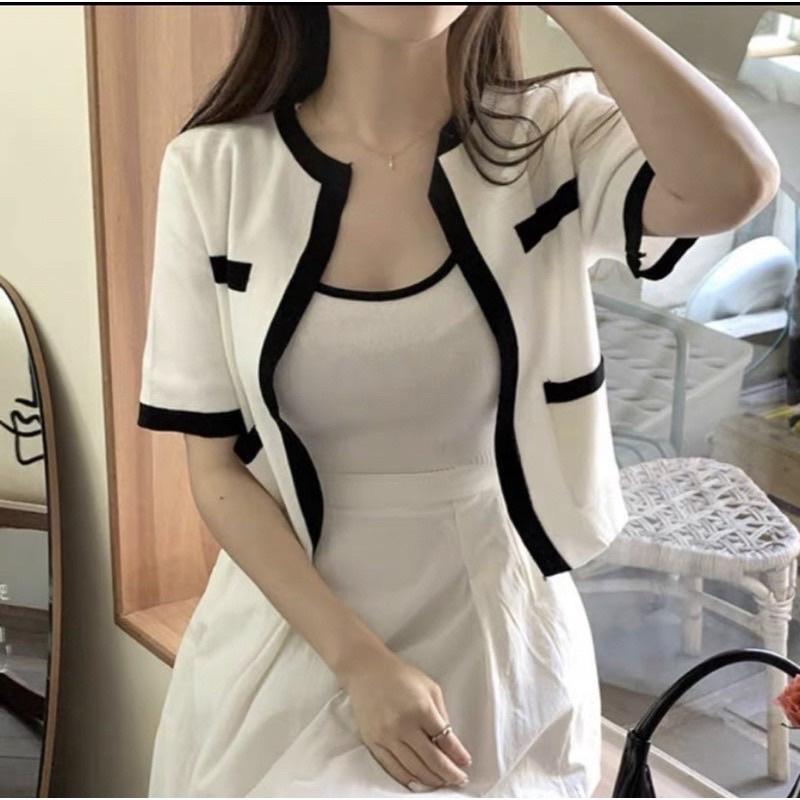 Set áo len khoác ngoài tay cộc, Áo kiểu len mịn ngắn tay SE1580 - NhiNhi Shop
