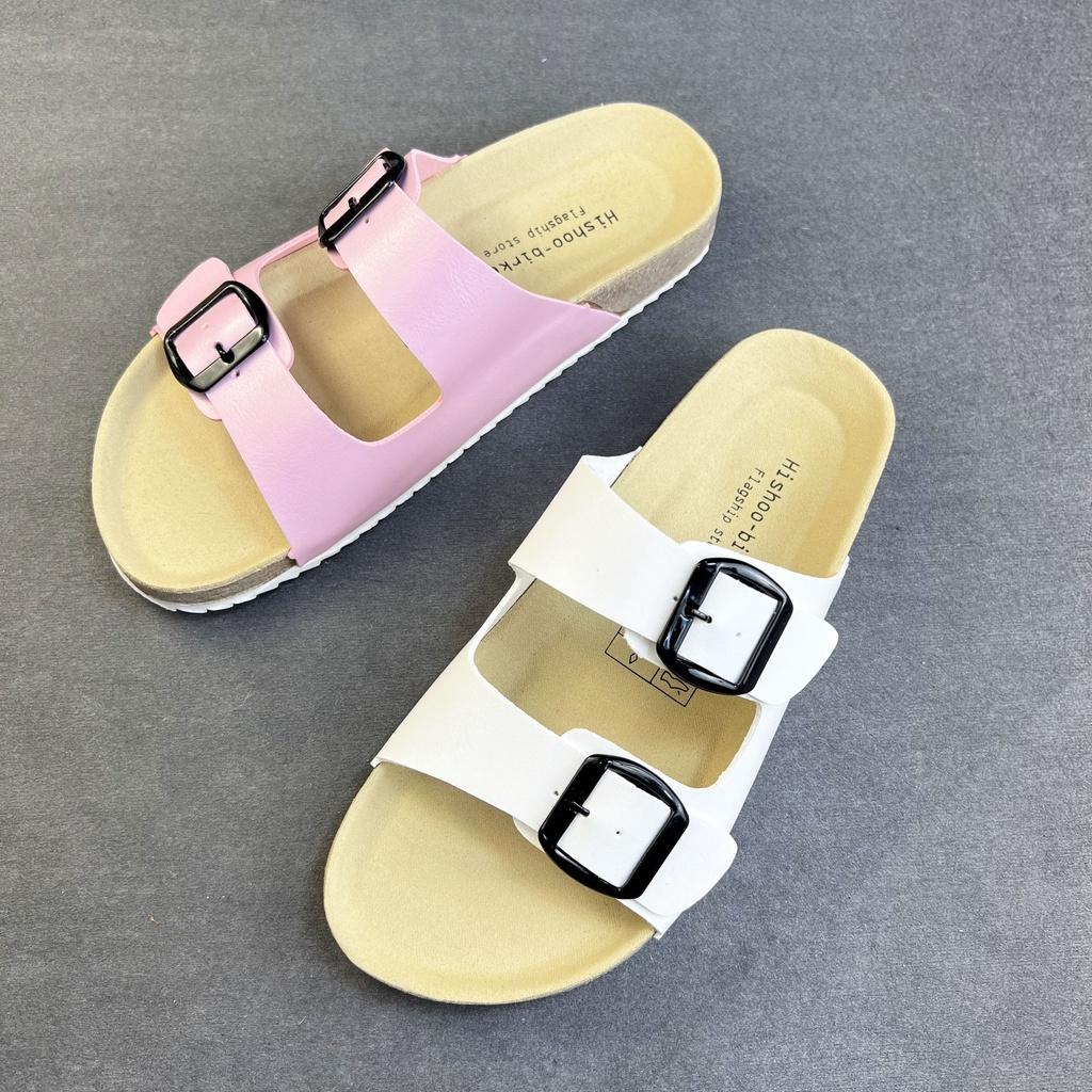 Dép đế trấu birken nam nữ unisex 2 khóa da tổng hợp size 35 - 43 chính hãng Hishoo S093