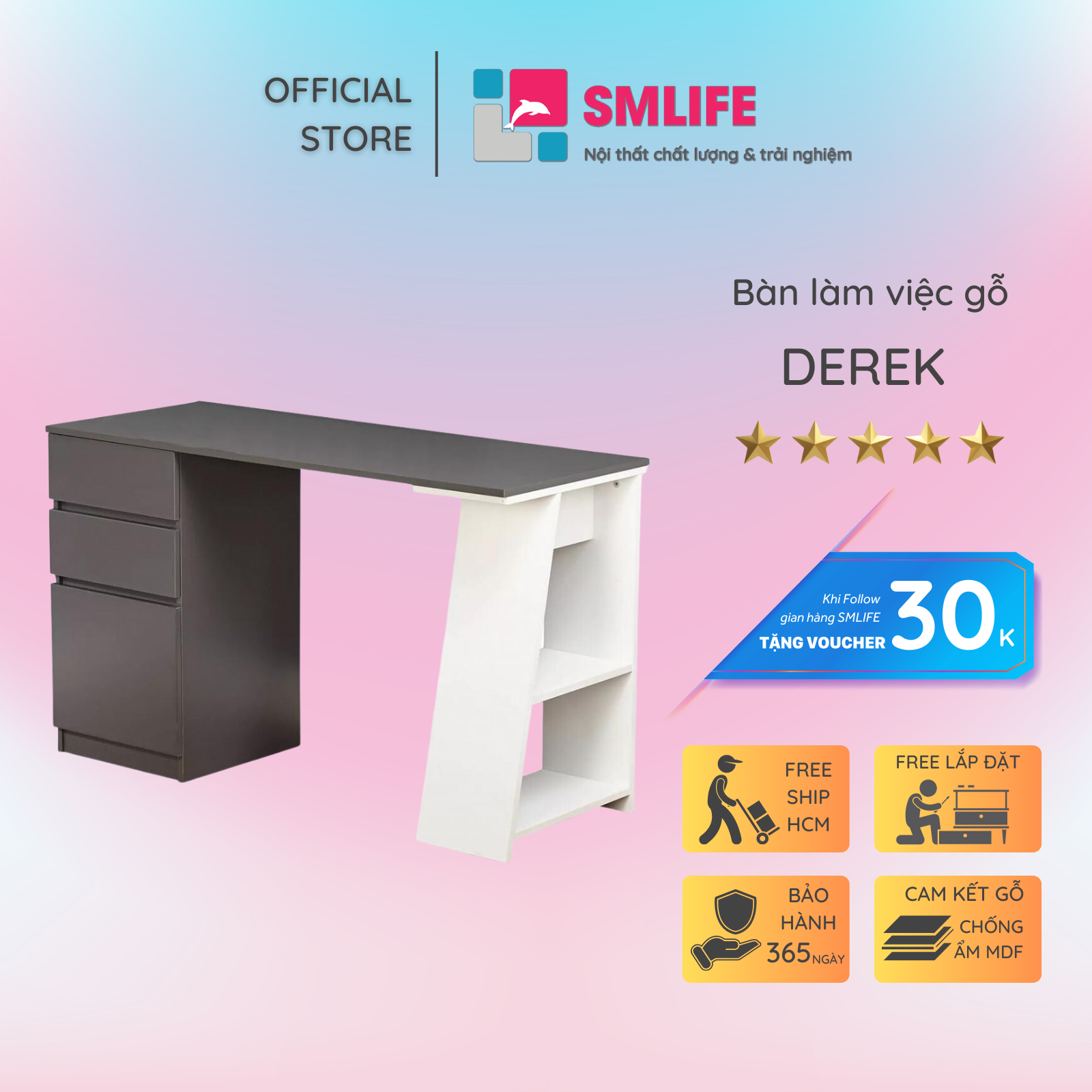 Bàn làm việc, bàn học gỗ hiện đại SMLIFE Derek | Gỗ MDF dày 17mm chống ẩm | D120xR50xC75cm