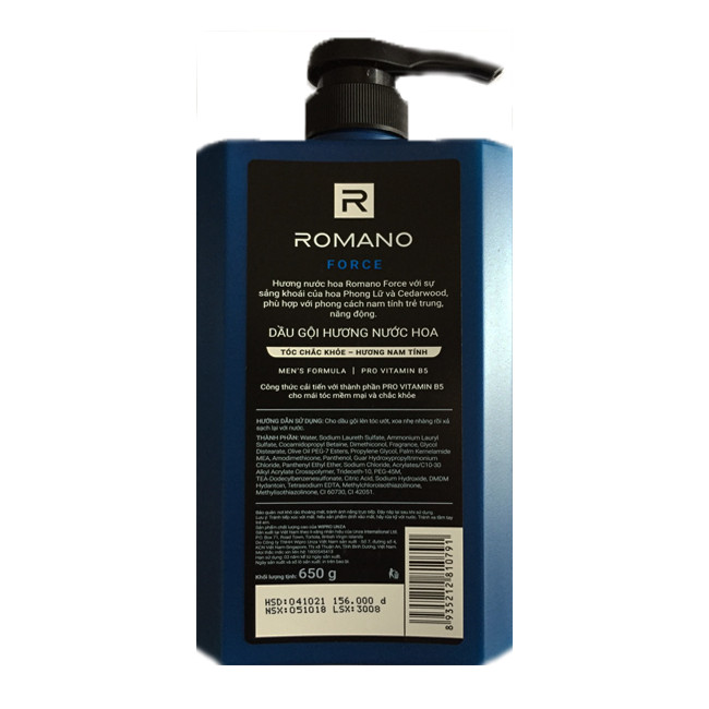 Combo Dầu gội Romano Force 650ml+Lăn khử mùi Romano Force 50ml