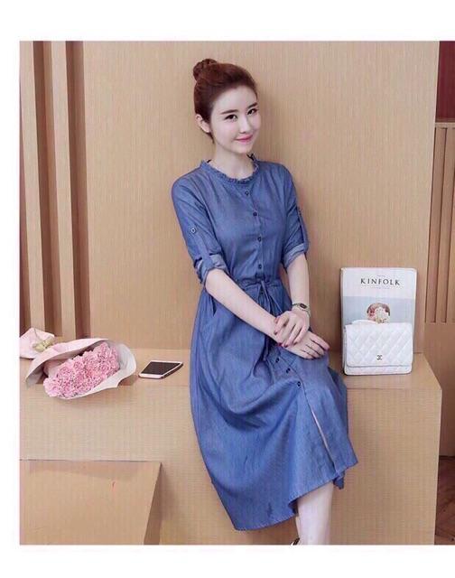 ĐẦM JEAN XOÈ CỔ BÈO TRÒN