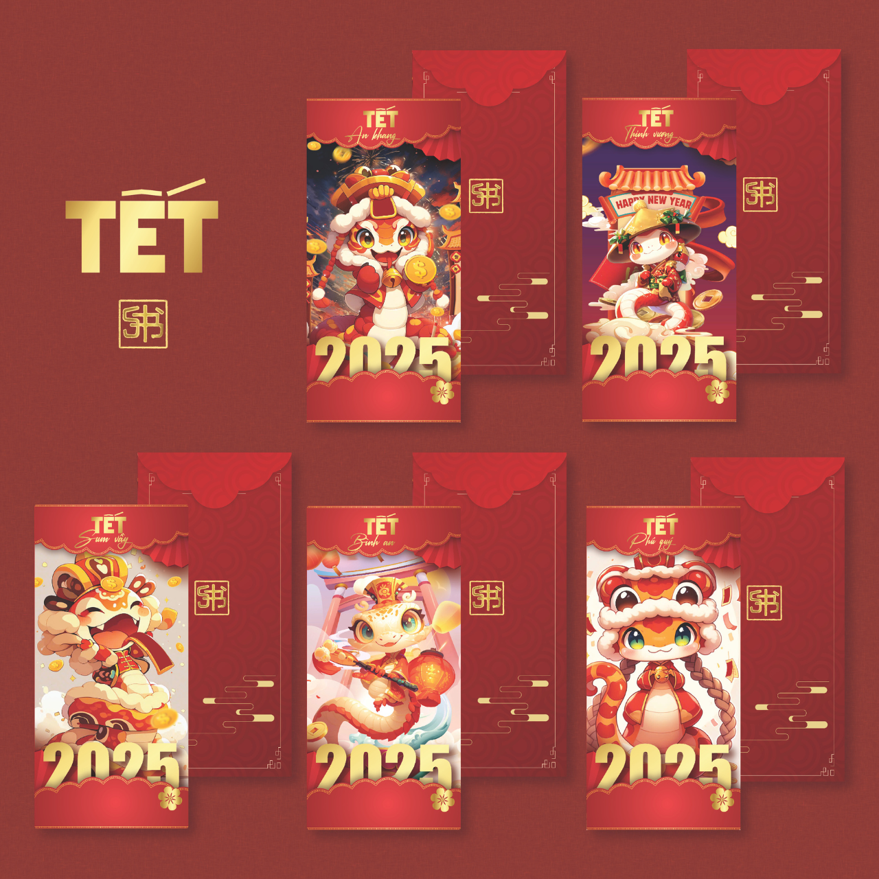 Combo 5 Cái Bao Lì Xì Thiết Kế Họa Tiết Hình Rắn 2025 Giấy Cứng C150 Siêu Dày Dặn - SBOOKS