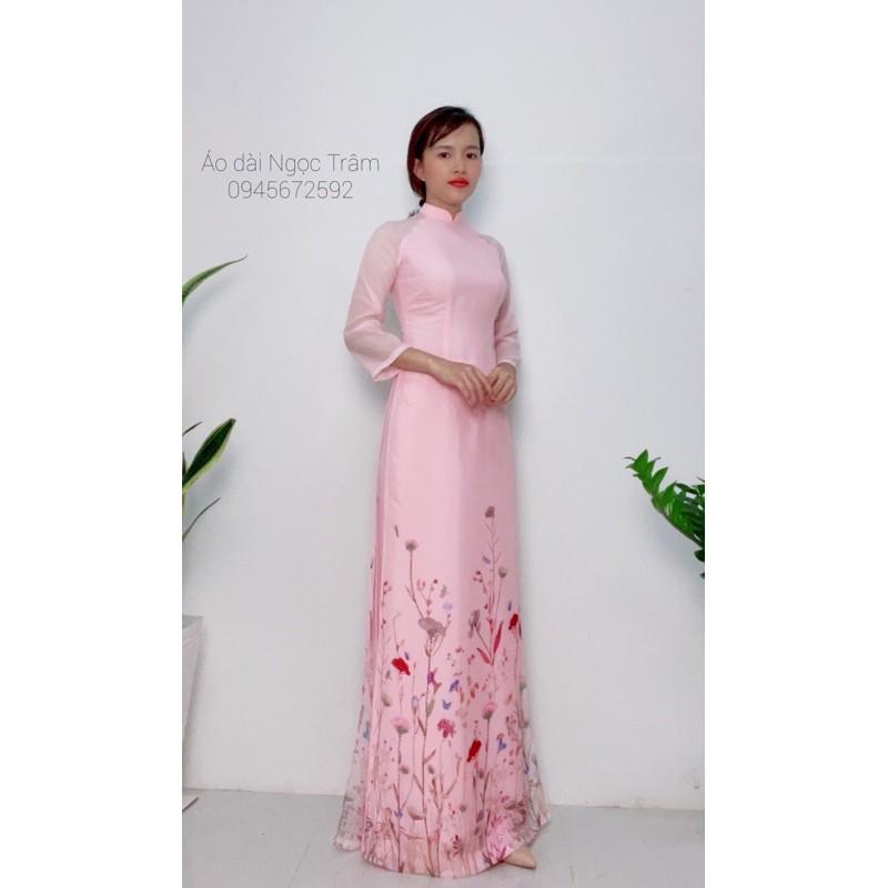 Áo dài may sẵn 4 tà hồng phấn
