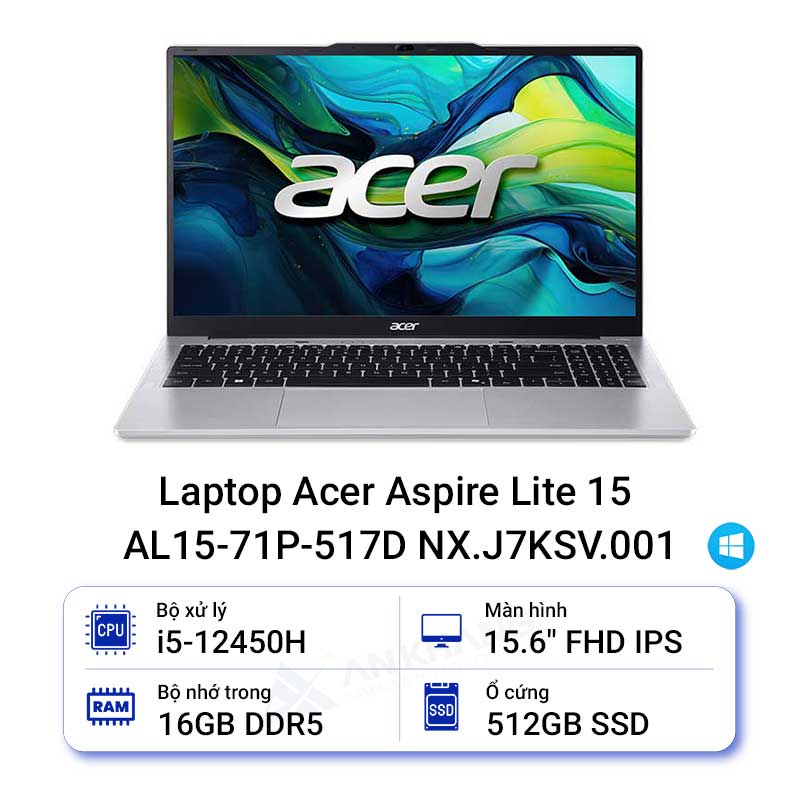 Laptop Acer Aspire Lite 15 AL15-71P-517D NX.J7KSV.001 (Intel Core i5-12450H | 16GB | 512GB | Intel UHD | 15.6 inch FHD | Win 11 | Bạc) - HÀNG CHÍNH HÃNG