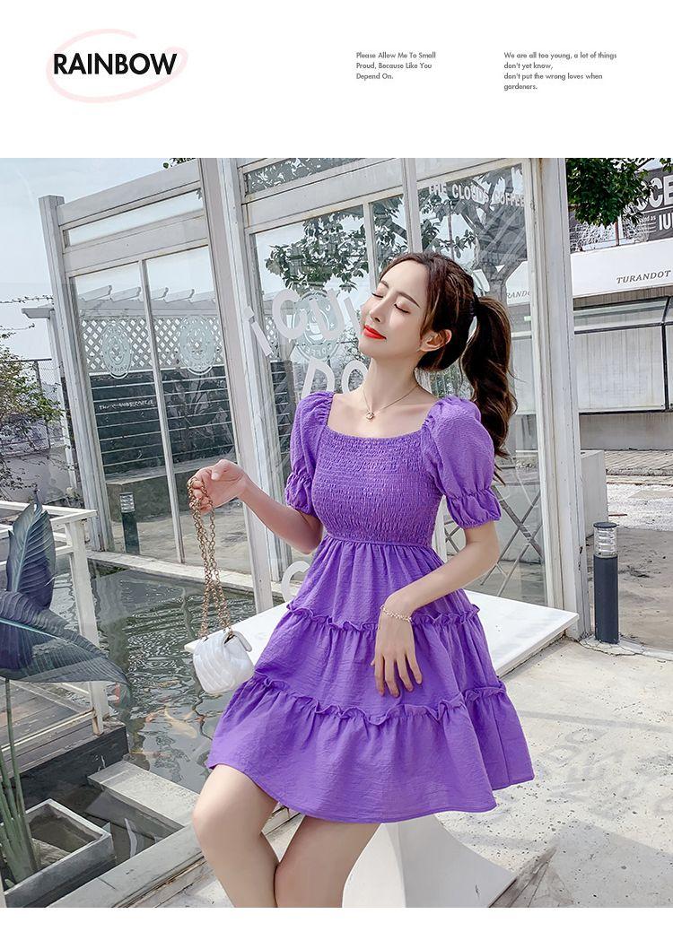 DIYIWEI Phụ nữ mùa hè 2023 Square Neck Pleated Bubble Sleeve Thu hẹp eo Khoai tây tím Vintage Pháp Orange Terrier Dress