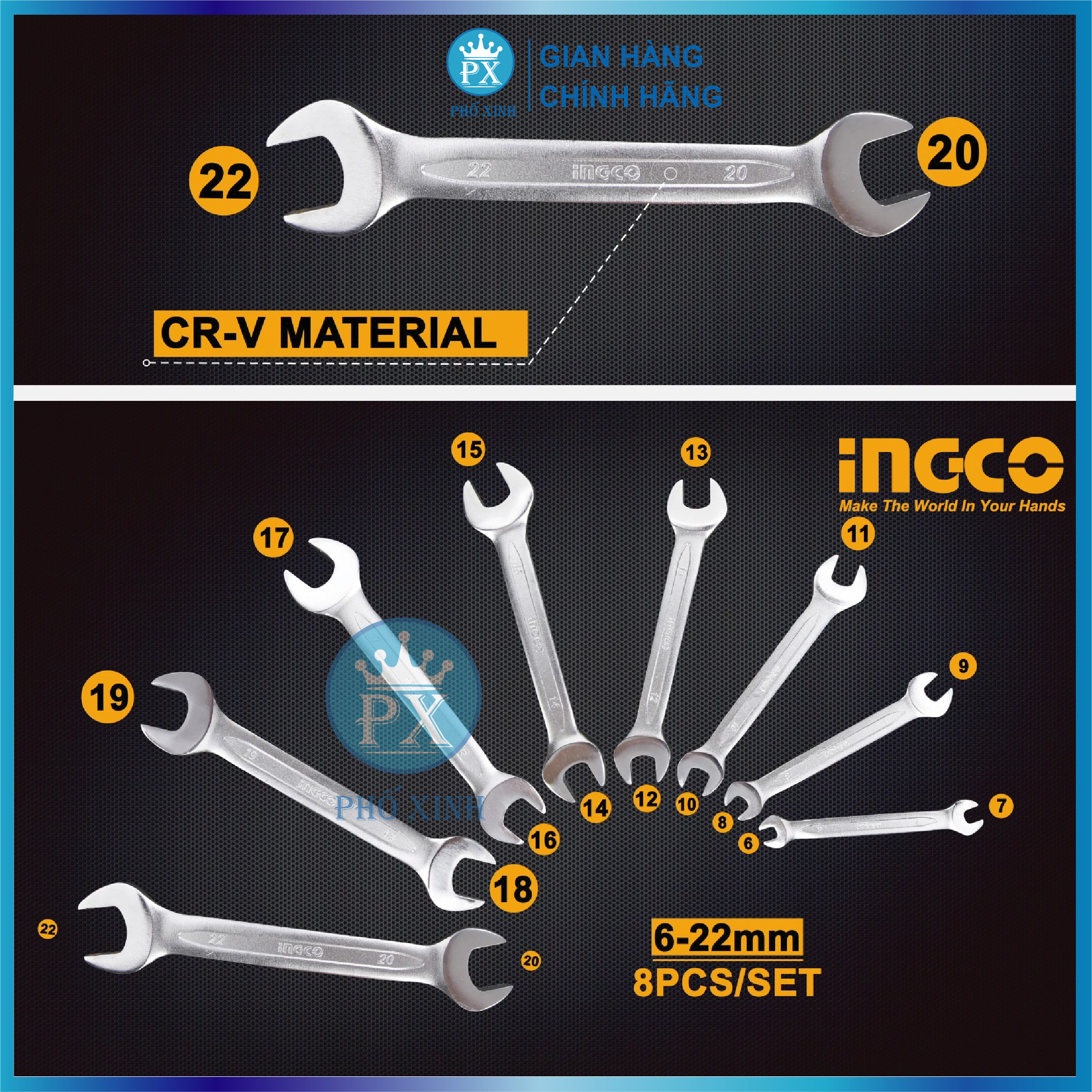 Bộ cờ lê 2 đầu vòng 8 chi tiết INGCO HKSPA3088 6-22mm