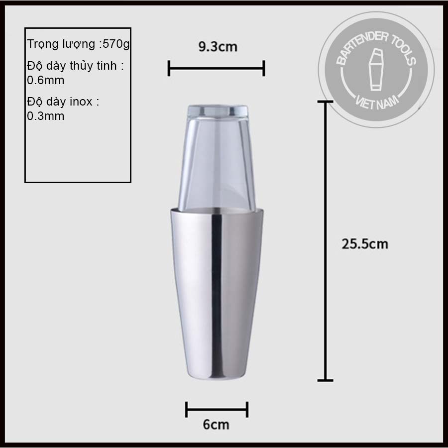 Boston shaker thủy tinh inox 450/800ml - Bình  lắc 2 mảnh inox thủy tinh