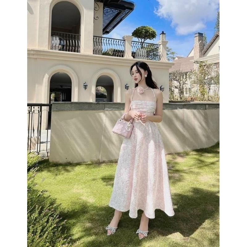 ĐẦM 2S GẤM HOA XẾP LY KÈM DÂY HOA CỔ