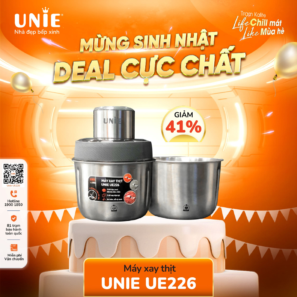 Máy Xay Thịt, Xay Thực Phẩm UNIE UE-226 - Đánh Chà Bông, Bóc Tỏi Tiêu Chuẩn Đức Thép Hợp Kim Dung Tích 2.5 Lít Công Suất 300 W - Hàng Chính Hãng