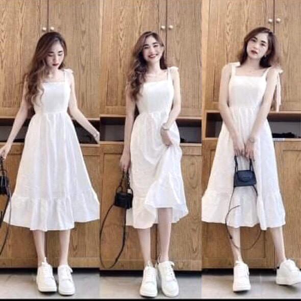 Đầm trắng phối nơ đuôi cá nữ - Váy 2 dây tầng xòe, babydoll điệu đà dáng suông ulzzang SIÊU ĐẸP