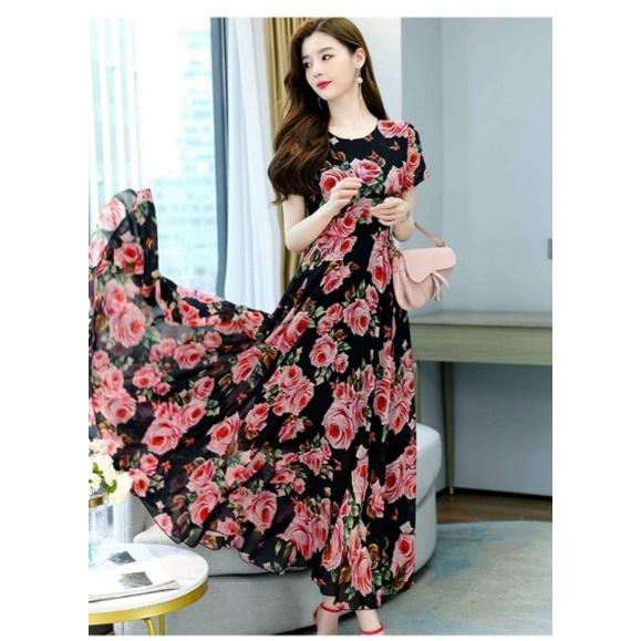 HÀNG NHẬP - ĐẦM MAXI VOAN HOA HỒNG CỔ TRÒN