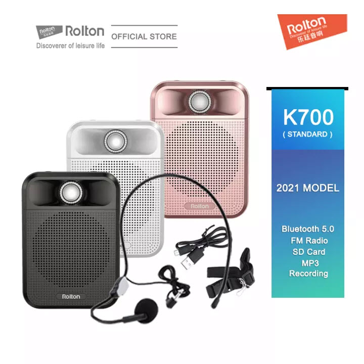 Máy Trợ Giảng Đa Chức Năng Rolton K700 Model 2021 (Sử Dụng Micro Có Dây) Với Hệ Thống Loa Kép 5W - Hỗ Trợ Bluetooth 5.0 - Tích Hợp Radio - Nghe Nhạc MP3 - Thu Âm Lưu Trữ Qua Thẻ SD Card - Hàng Chính Hãng