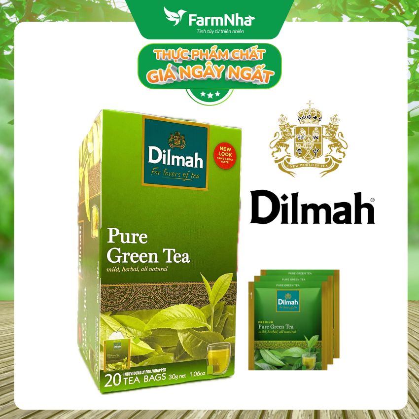 Trà Dilmah All Natural Green Tea Pure Green  túi lọc 30g 20 túi x 1,5gr - Đóng gói riêng từng túi giữ hương vị tuyệt vời