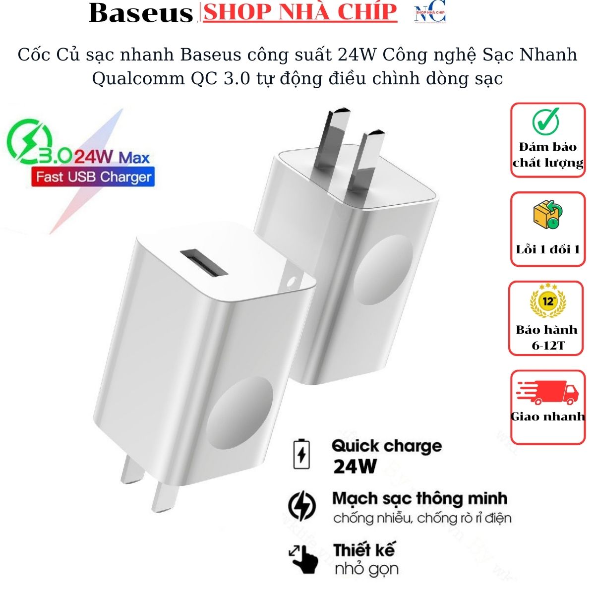 Cốc Củ Sạc Nhanh Baseus Công Suất 24W Công Nghệ Sạc Nhanh Qualcomm Qc 3.0 Tự Động Điều Chình Dòng Sạc - Hàng Nhập Khẩu