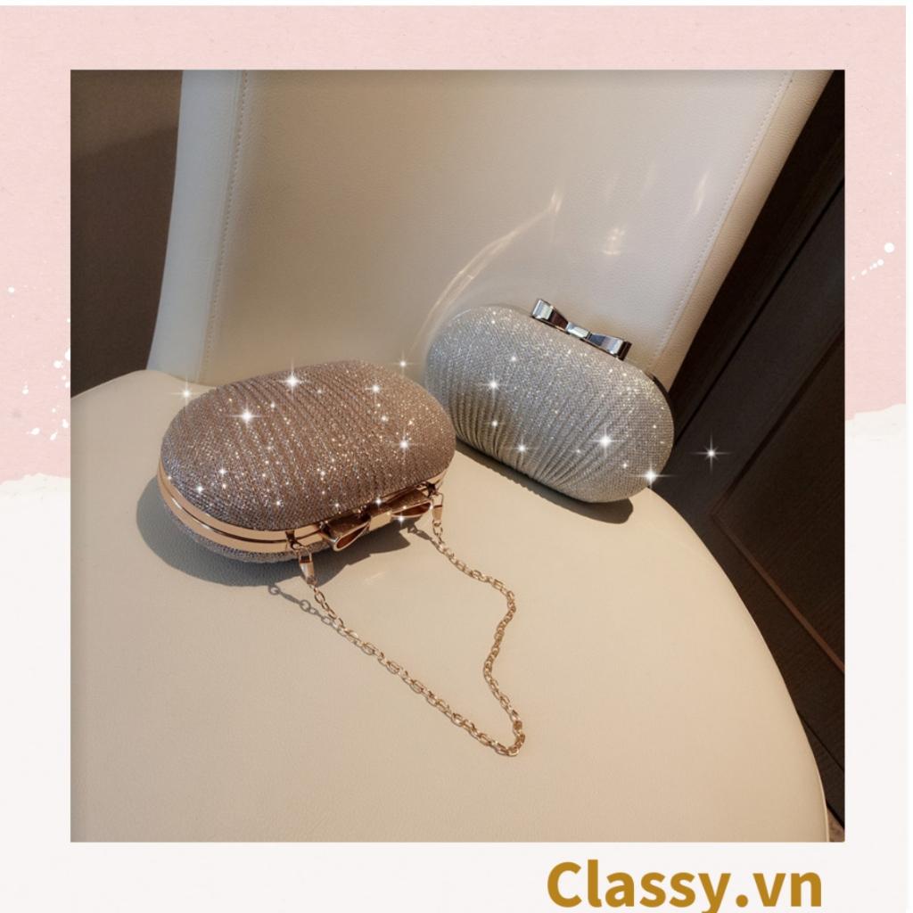 Clutch Classy cầm tay đi tiệc màu be hình bầu dục , đính đá sequin lấp lánh T589